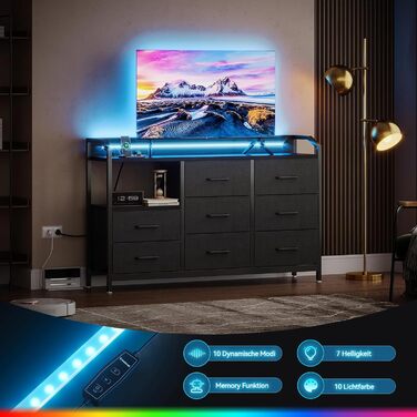 Комод ODK з висувними ящиками та LED-підсвіткою, 10 кольорів, 2 USB та 2 AC розетки, 8 тканинних ящиків, для вітальні та спальні, 110x30x88 см (Чорний)