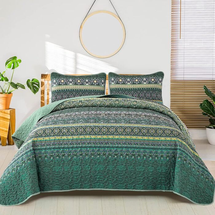 Покривало WONGS BEDDING 200x220 см, стьобане, 3 предмети, мікрофібра, зелений, з 2 наволочками 50x75, для двоспального ліжка та дивана, Boho стиль