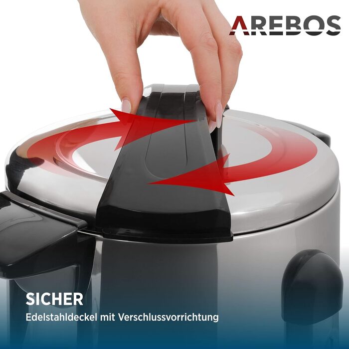 Електричний глінтвейнер Arebos 950 Вт | Диспенсер гарячих напоїв, 6.8 л | З піддоном, краном, термостатом та захистом від перегріву | Регулювання температури 30-110°C, сріблястий