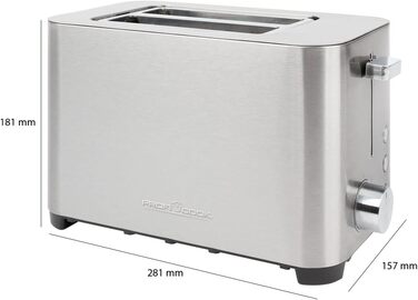 Тостер ProfiCook PC-TA 1251, 2 тостових слоти, нержавіюча сталь, широкий слот, знімна насадка для булочок, регульований ступінь підсмажування, піддон для крихт, кабельний відсік