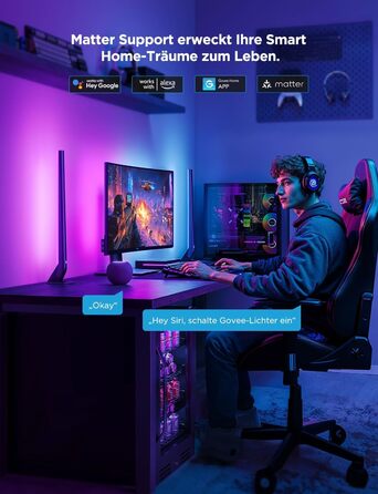 Комплект Govee HDMI 2.1 Sync Box 2 з LED-підсвіткою та Lightbar, AI синхронізація, підтримка 8K@60Hz, 4K@144Hz, VRR, ALLM, Matter та Alexa, підсвітка для моніторів 27-34 дюйми