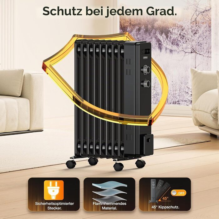 Масляний обігрівач VonHaus 2500W, електричний радіатор з термостатом, 3 режимами нагріву та таймером на 24 години, 9 секцій (Чорний)