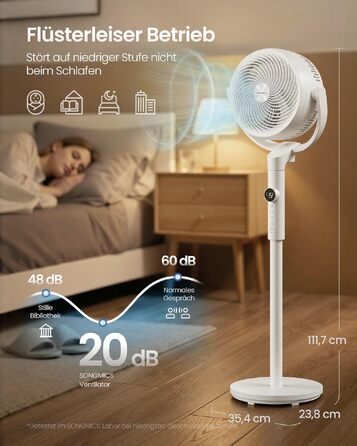 Вентилятор підлоговий SONGMICS XFC002W1EU тихий (20 дБ), з пультом, 15 швидкостей, 3 режими, 120°/135° осциляція, таймер 15 год, регульована висота, білий