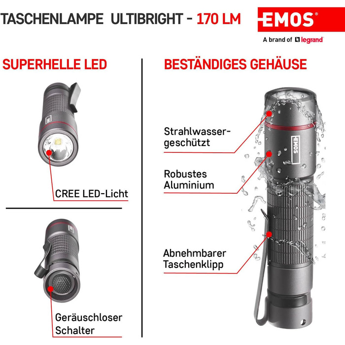 Ліхтарик EMOS Ultibright 60, CREE LED, металевий, ударостійкий і водонепроникний IP65, 170 лм, до 100 м, з кліпсою та ручкою, чорний, для дому та вулиці