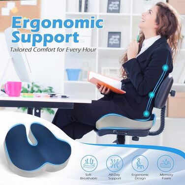 Подушка ортопедична для офісного крісла Lofty Aim з піни Memory Foam: підтримка попереку, куприка, зняття болю, для офісу, авто, літака, інвалідного візка – чорний, синій та сірий