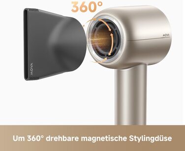 Фен для волосся MOVA Shine 10 Gold: безщітковий мотор 110 000 об/хв, плазмово-іонний догляд, NTC термоконтроль, з концентратором, для дому та салонів