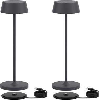 Klighten Диммовані LED акумуляторні настільні лампи, 2 шт, алюмінієві, сенсорне керування, IP54, для спальні та ресторану, тепле світло 3000K, антрацит, USB зарядка