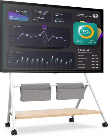 Пересувна підлогова стійка для телевізора FITUEYES Design, на колесах, для телевізорів 65-88 дюймів, до 55 кг, з регулюванням висоти, сумкою для зберігання та дерев'яною полицею, серія Collector