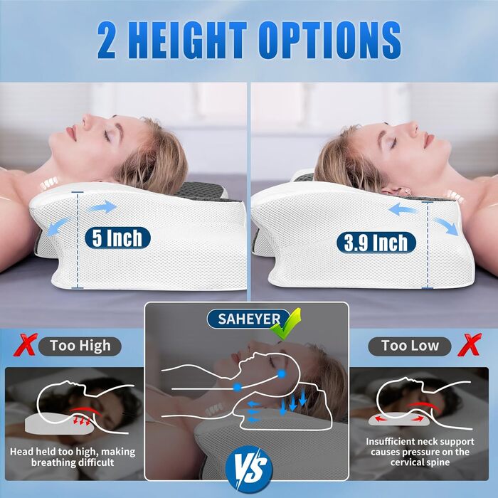Подушка ортопедична SAHEYER з піни Memory Foam для шиї та голови, 60x35.5x10/13 см, сіра. Для зручного сну на боці.