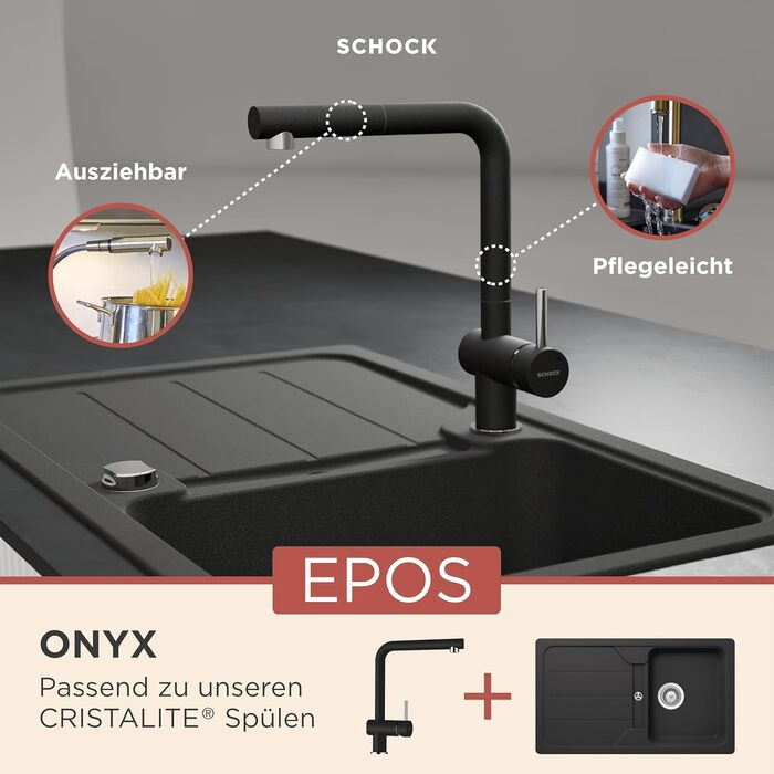 Змішувач кухонний SCHOCK Epos Onyx I чорний, високий, з висувним шлангом | сучасний дизайн, економія води, латунь