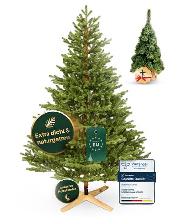 Штучна ялинка TreesHouse Scandinavian Spruce 180 см, реалістична зелена хвоя, підставка з FSC-дерева