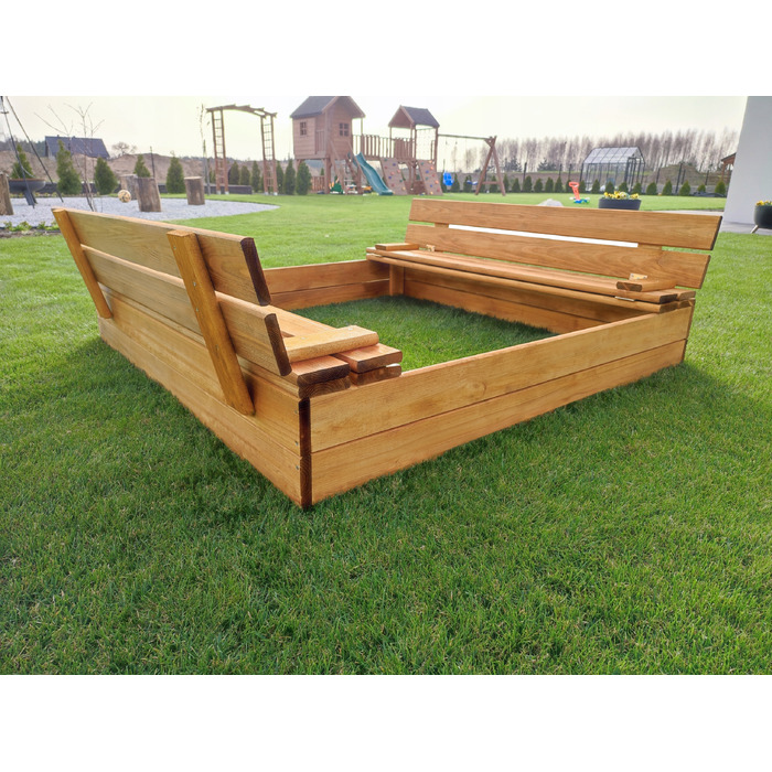 Дерев'яна пісочниця з кришкою та лавками, 120 x 120 см