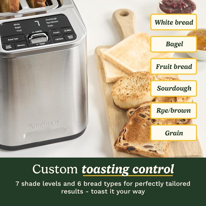 Тостер Cuisinart Smart Elite 2-слотовий | Нержавіюча сталь | Для хліба ручної роботи | Функція пам'яті | Підйомний механізм QuickView | Режими для бутербродів, підігріву та розморожування