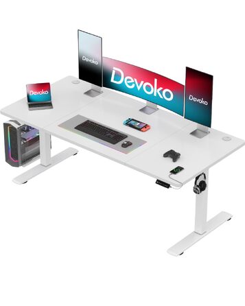 Електричний підйомний стіл Devoko 160x70 см, білий — Регульований комп'ютерний стіл для роботи сидячи та стоячи з USB-портами