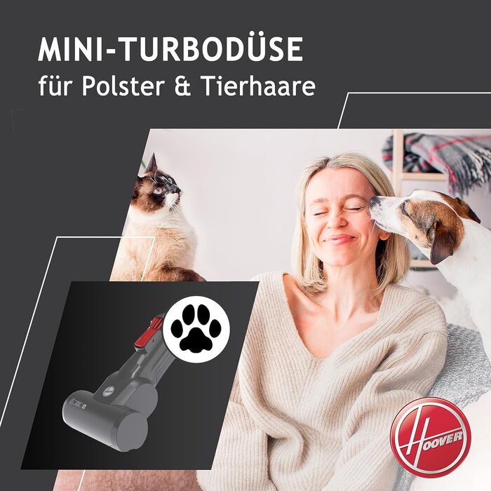 Пилосос Hoover H-FREE 100 PETS для прибирання шерсті тварин, акумуляторний, без мішка, з насадкою для тварин, до 40 хв роботи, бездротовий, LED-підсвітка, XL контейнер, функція паркування, насадка-щіточка, червоний/титан