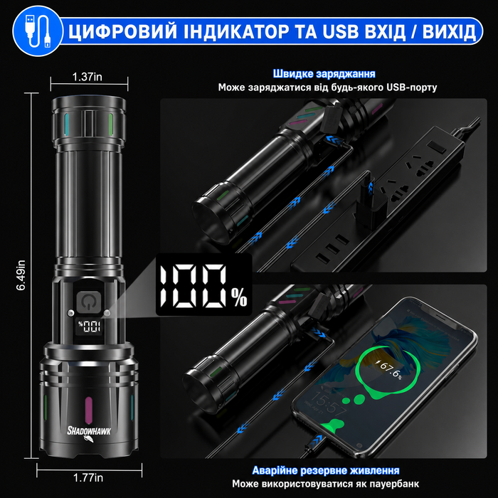 Ліхтарик Shadowhawk LED акумуляторний 30000 люмен, надпотужний тактичний водонепроникний XHM90.2, USB зарядка, для вулиці та екстрених ситуацій, чорний