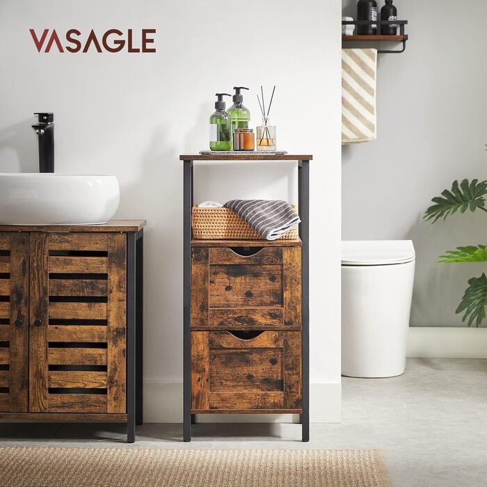 Шафа для ванної кімнати VASAGLE, шафа-стінка, меблі для ванної, з 2 висувними ящиками та відкритими полицями, для ванної кімнати, вітальні, кухні, сучасний дизайн, 30 x 30 x 141,5 см, колір лісової зелені BBC066C01