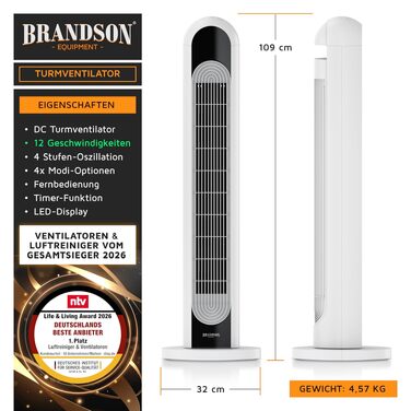 Вентилятор tower Brandson DC надтихий - з еко-дизайном, 12 швидкостей, 4 режими (нормальний, природа, сон, авто), з функцією коливання