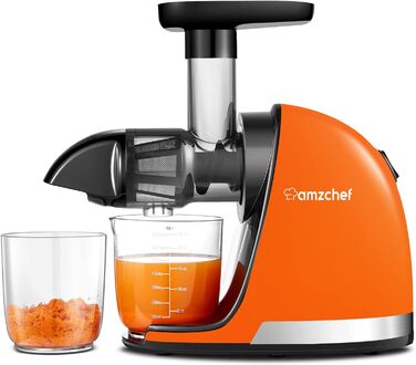 Соковижималка AMZCHEF для овочів і фруктів, електрична шнекова, зворотний хід, без фільтра, щітка, 2 чаші, колір оранжевий, тиха, преміум якість