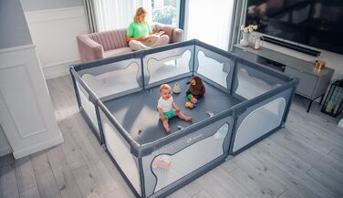 Манеж дитячий LIONELO WILLOW XL, 180x200x68 см, для дітей від 0 до 48 місяців, з дихаючими сітчастими стінками та двома боковими входами на блискавці