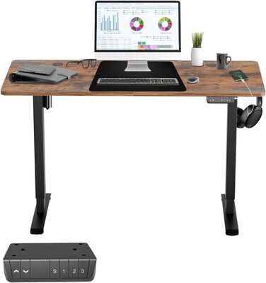 Електричний письмовий стіл Sonnewelt 140x60 см, регульований по висоті, з USB-A/C зарядкою, пам'яттю, захистом від зіткнень, гачком, колесами, мауспадом, вінтажний коричневий