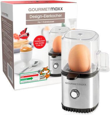Електрична яйцеварка GOURMETmaxx для 1 яйця з нержавіючої сталі, компактна, енергозберігаюча, BPA Free, з мірною склянкою та голкою для яєць