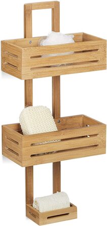 Душова полиця Relaxdays з бамбука, 65x28x15,5 см, підвісна полиця для душу з дерева з 3 відсіками, органайзер для ванної кімнати, антикорозійна, натуральна