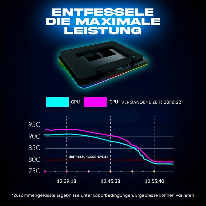 Ігровий охолоджувач для ноутбука KLIM Turbofrost до 17 дюймів, 4 вентилятори, RGB підсвітка, алюміній, чорний