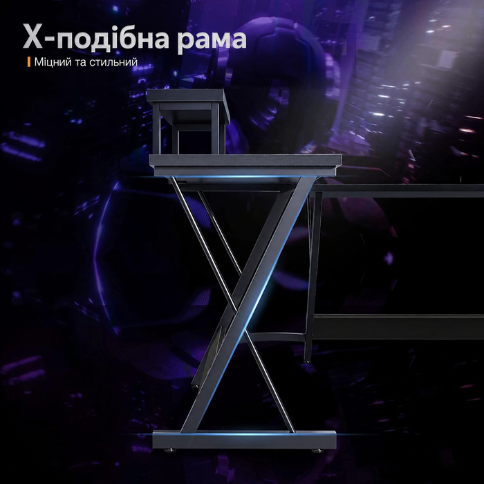 Ігровий L-подібний стіл ODK з підставкою для монітора, 127 x 127 x 75 см, комп'ютерний стіл для дому та офісу, чорний