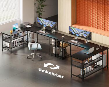 Кутовий комп'ютерний стіл ODK, L-подібний, з розетками і USB, чорний, 168×120 см, з великим простором для зберігання
