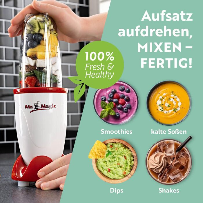 GOURMETmaxx блендер-смузі мейкер 250Вт, 4в1, 500мл, електричний міні міксер з 9 функціями, BPA-free, чашка To-Go, білий-червоний