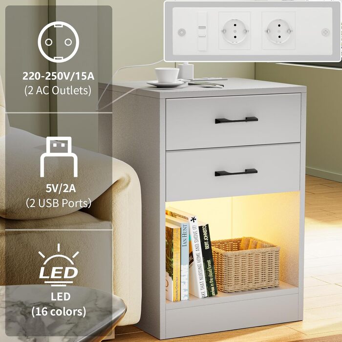 Комплект приліжкових тумб Lvhcmfohm з LED підсвіткою та розеткою, 2 шт, сучасний дизайн, 2 шухляди, для спальні чи вітальні, білий, 40x35x60 см