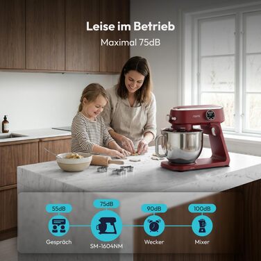 Планетарний міксер Küchenmaschine 1800W з чашею з нержавіючої сталі 7л, тістоміс для хліба та піци, 10 швидкостей з таймером, набір насадок та захисним екраном (Червоний)