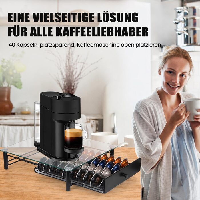 Тримач для капсул Nespresso Vertuo з загартованого скла, органайзер для зберігання 40 капсул VertuoLine (Next & Plus), протиковзаюча шухляда, чорний