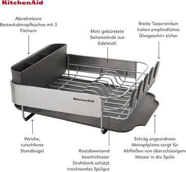 Компактна підставка для сушіння посуду KitchenAid, вугільно-сіра, 40.8 x 32 x 15 см