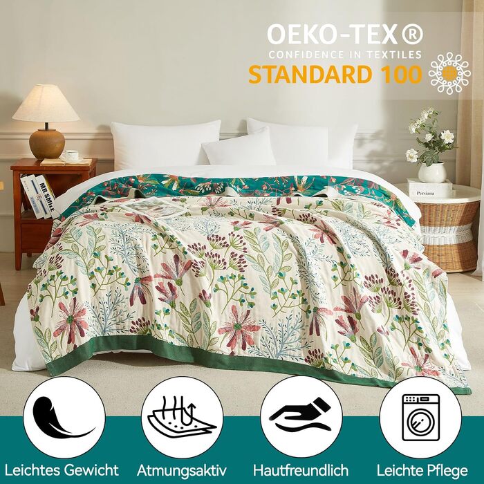 Покривало Bailix Premium Boho з 100% бавовни, двостороння муслінова ковдра 150x200 см, плед для дивана та ліжка в стилі пэчворк, смарагдово-бежевий