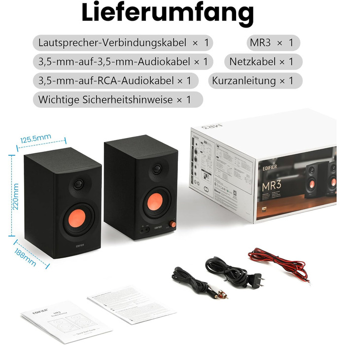 Edifier MR3 - Компактні студійні колонки 2.0, Hi-Res Audio, Bluetooth 5.4, RCA, AUX, керування через додаток, 2 x 18W, Чорний
