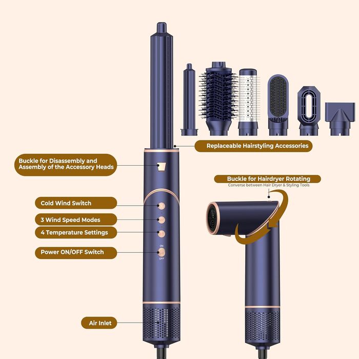 Mogawave Airstyler Airbrush Pro 1000W - 5-в-1 Фен-щітка для волосся з обертанням, іонізація, об'єм та завивка (Коричневий)