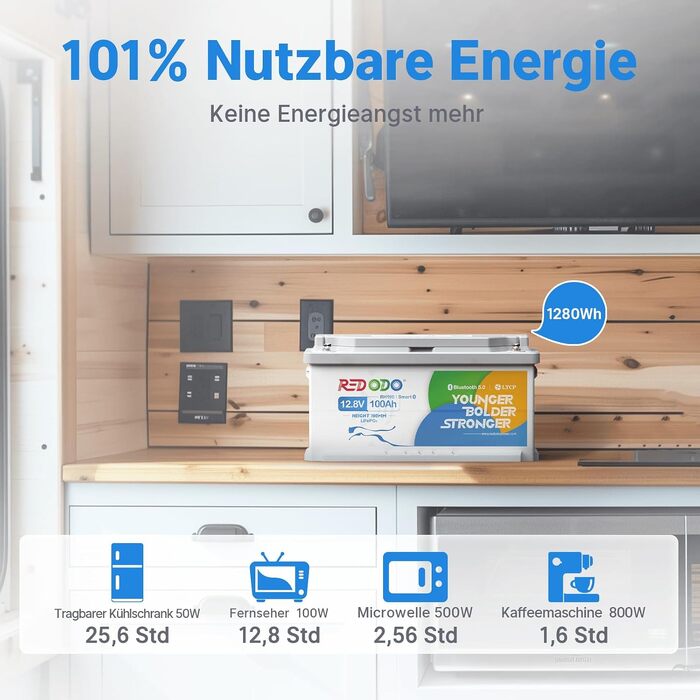 LiFePO4 акумулятор Redodo 12V 100Ah для підсидіння з Bluetooth та Smart BMS 100A, DIN H8/L5 (H190)