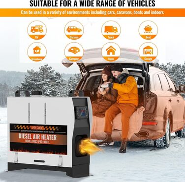 Автономний дизельний обігрівач VELPAX All in One 8кВт, портативна повітронагрівальна система 12V/24V/220V з LCD-дисплеєм та пультом для авто, вантажівок, кемперів та човнів, білий
