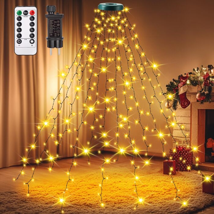 Світлодіодна гірлянда-кільце Auriostar для ялинки 2.5м, 300 LED, 12 гілок, теплий білий колір, 8 режимів та таймер, для ялинки 150-250 см, внутрішнє та зовнішнє освітлення