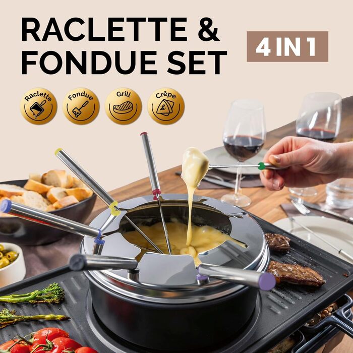 GOURMETmaxx Ракуле-Фондю 2-в-1 на 8 осіб | Ракуле-Фондю комбінація з 8 сковородами, лопатками та виделочками | Ідеально для вечірок | Ракуле та Фондю для 8 осіб
