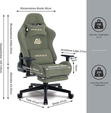 Ігрове крісло Ergonomic Gaming Stuhl — ергономічний офісний стілець з масажною підтримкою попереку, підставкою для ніг та дихаючої тканини, зелене