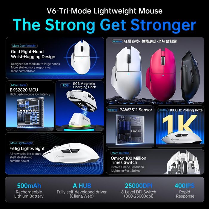 Ігрова миша Attack Shark V6 Superlight 65г з магнітною док-станцією, сенсор PixArt PAW3311, 25000 DPI, 500 мАг, трирежимна (BT/Wireless/Wired), ергономічна, біла