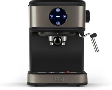 Еспресо-машина BLACK+DECKER BXCO850E, 20 бар, 1,5 л, автоматична, з паровою насадкою, антиплямова нержавіюча сталь, 850 Вт, Extra-Sahne, програмоване приготування