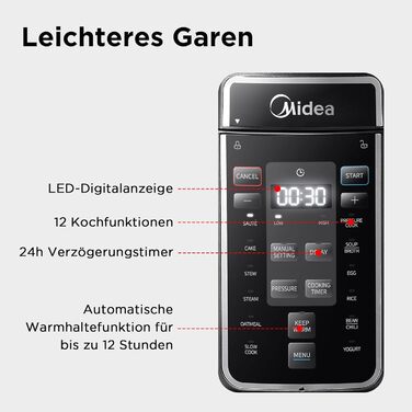 Мультиварка електрична Midea 9-в-1, 8 л, 12 програм, антипригарний, йогуртниця, рисоварка, пароварка, повільне приготування, нерж. сталь, чорна