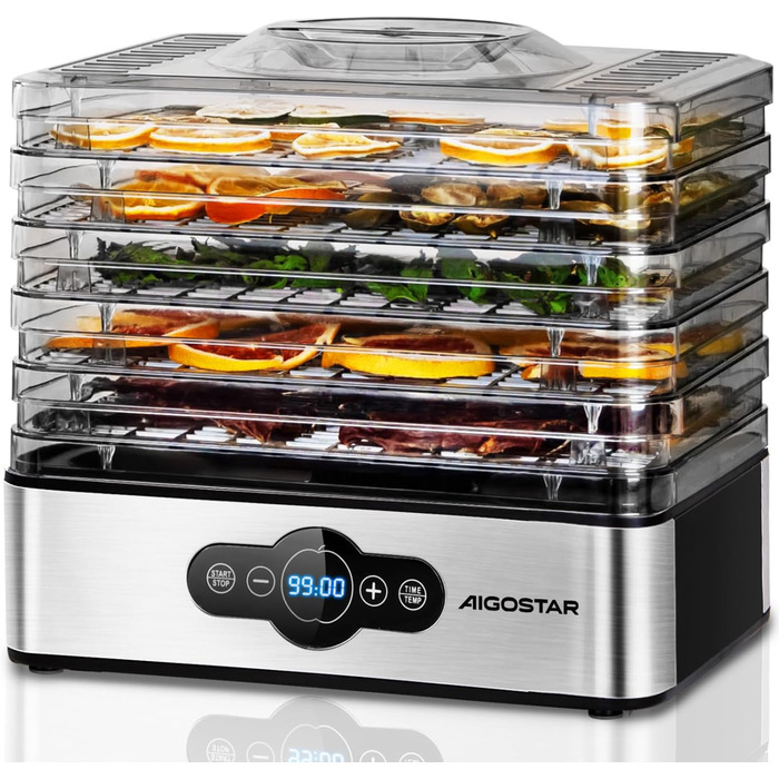 Дегідратор Aigostar Crispy 240Вт, 5 лотків, з таймером та терморегулятором, з нержавіючої сталі, для м'яса, овочів, фруктів, BPA-free