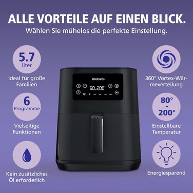 Аерофритюрниця Brabantia Airfryer XL 4-5.7л, 1700 Вт, 8 програм, цифровий сенсорний дисплей, без PFAS, чорна, BBEK1134
