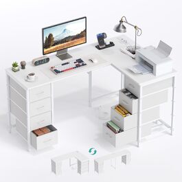Кутовий стіл Youdenova 150x100 см з шухлядами, розеткою та USB-зарядом, білий. Стіл L-подібний з місцем для зберігання
