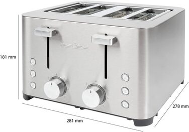 Тостер ProfiCook 4-слотовий, нержавіюча сталь, 1500 Вт, широкий слот, підставка для булочок, 7 режимів підсмажування, зйомна крихтова підставка, PC-TA 1252